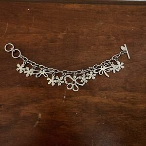 Vintage Silver Tone Flower Power Charm Bracelet w/ Butterfly & Dragonfly Y2K